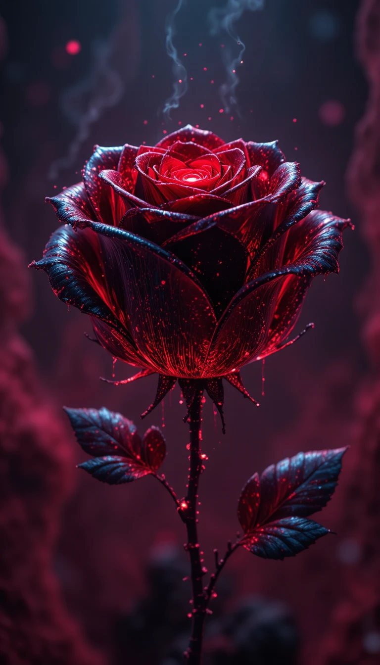 Rosa nera luminosa con luce rossa in uno spazio astratto oscuro