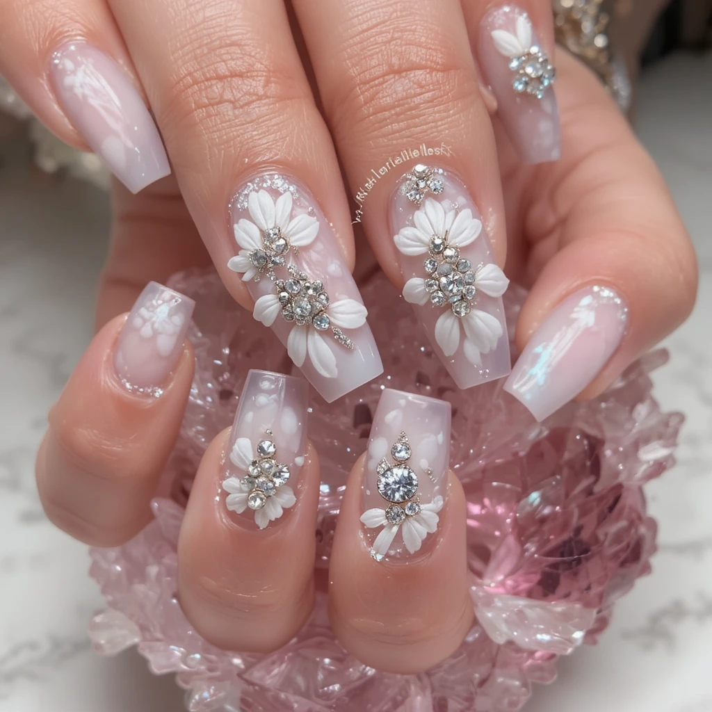 Braut-Stilettnägel mit Blumen und Strassdetails