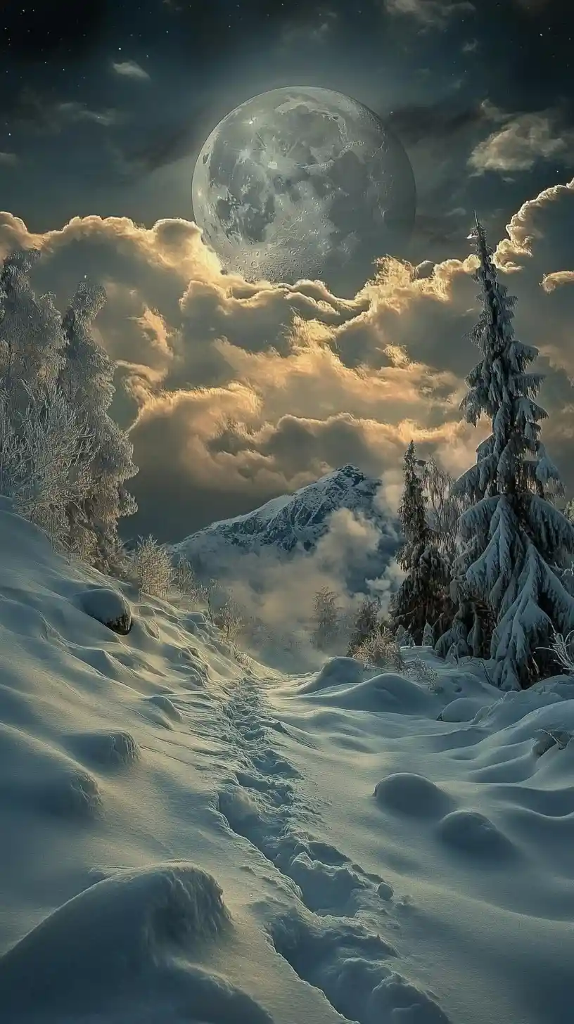 Scena surreale di illusione ottica con neve e luna luminosa