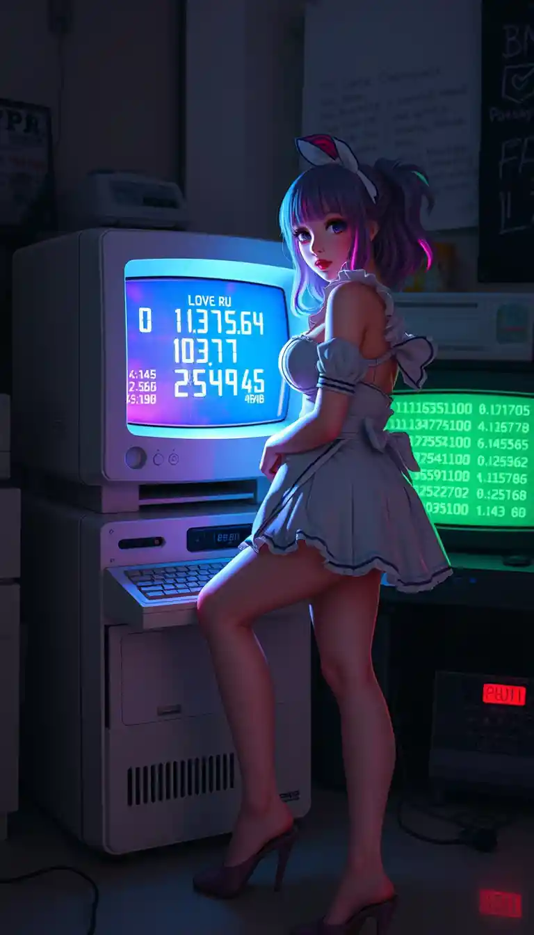 發光復古電腦螢幕旁的動漫女僕少女
