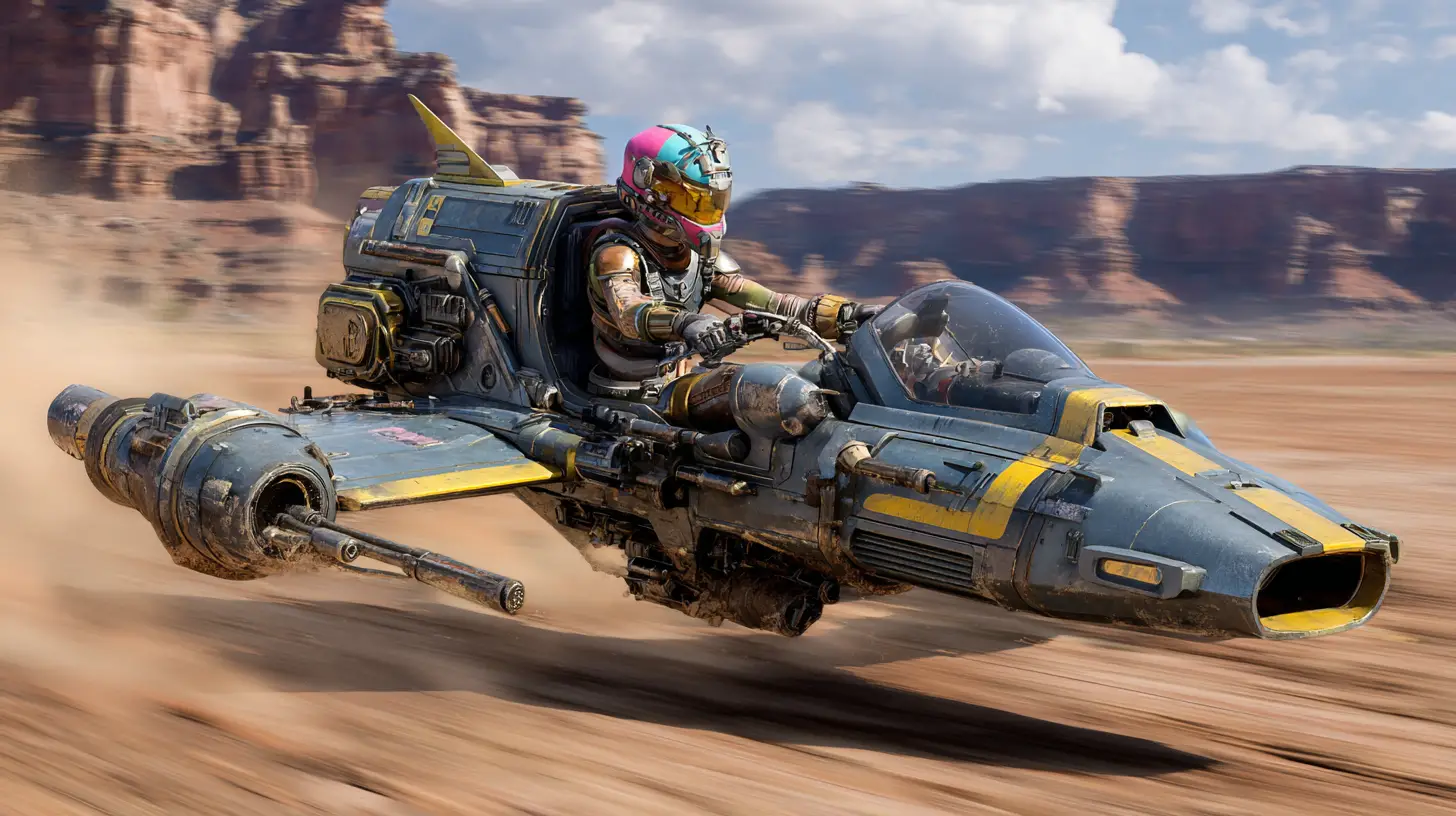 Hyper speeder monoplace filant à travers un désert poussiéreux