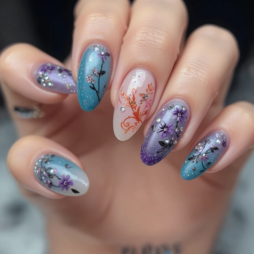 Gros plan sur une manucure teal avec nail art floral et strass