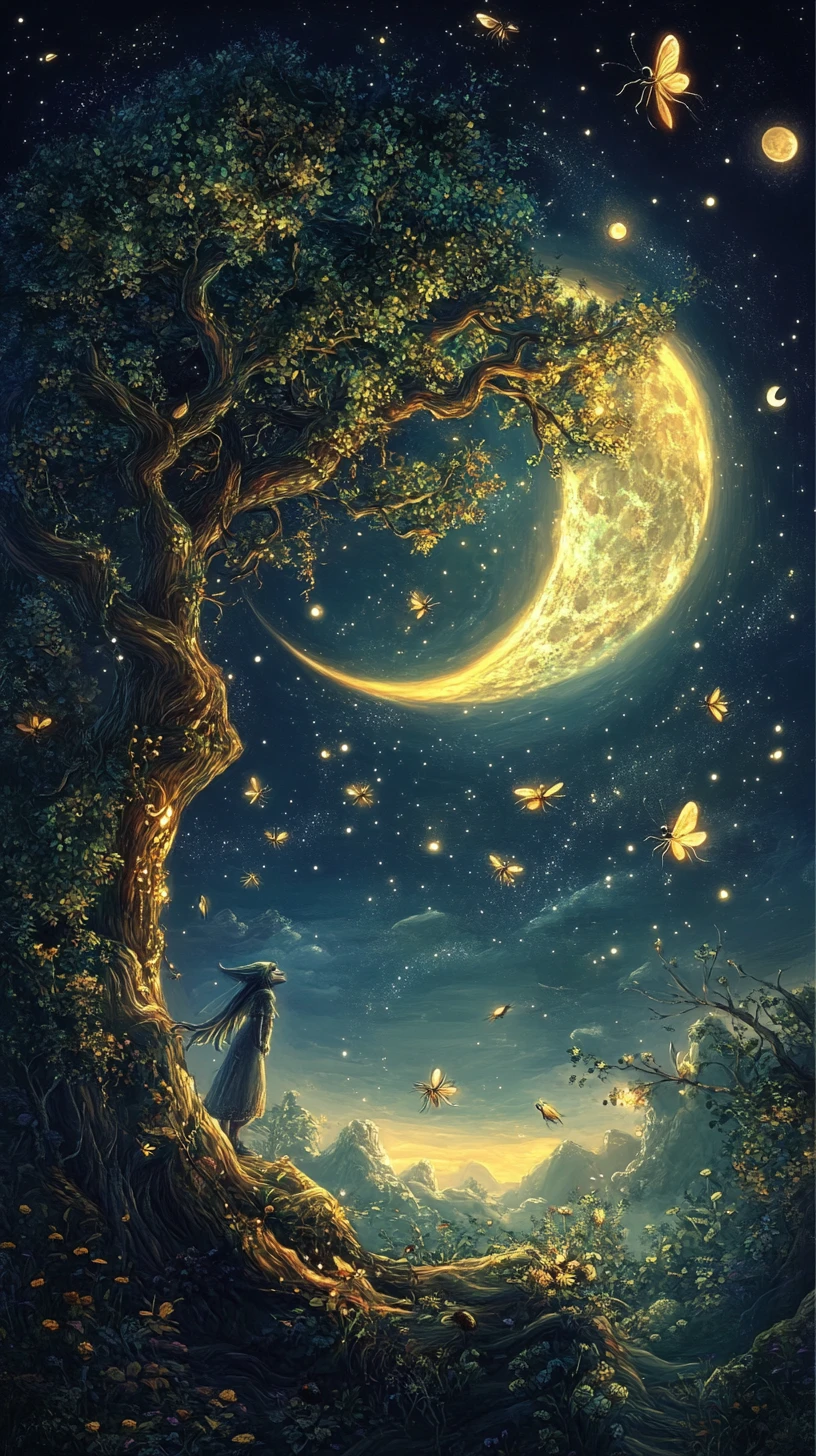 Elfo cosmico che cammina in un paesaggio surreale e nebbioso al chiaro di luna