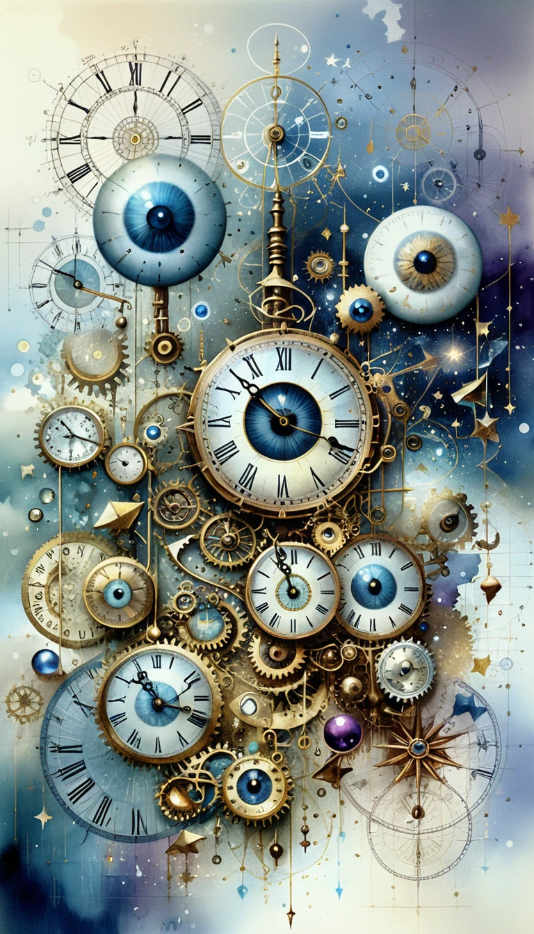 Surreal steampunk clock tower with cosmic eyes and stars