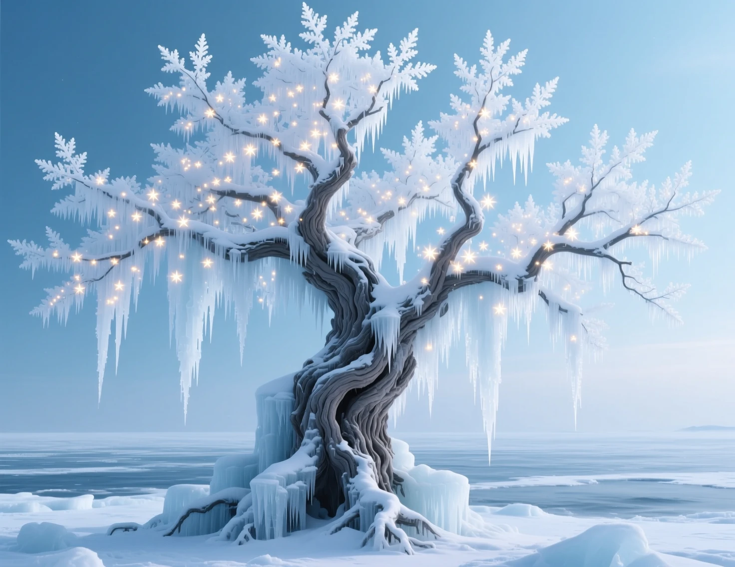Ancien arbre de glace devant une vaste mer d’hiver gelée