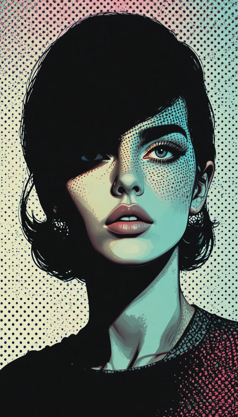 Retrato pop art de una mujer contemplativa con sombras de semitono