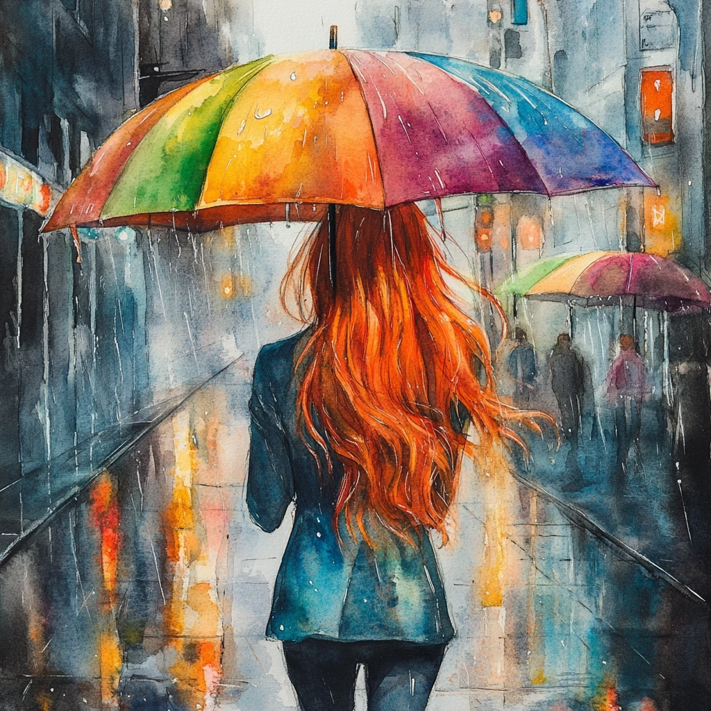 Mulher ruiva com guarda-chuva em rua chuvosa da cidade
