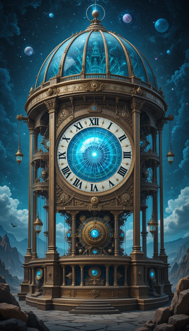 Máquina do tempo steampunk surreal com núcleo de olho cósmico
