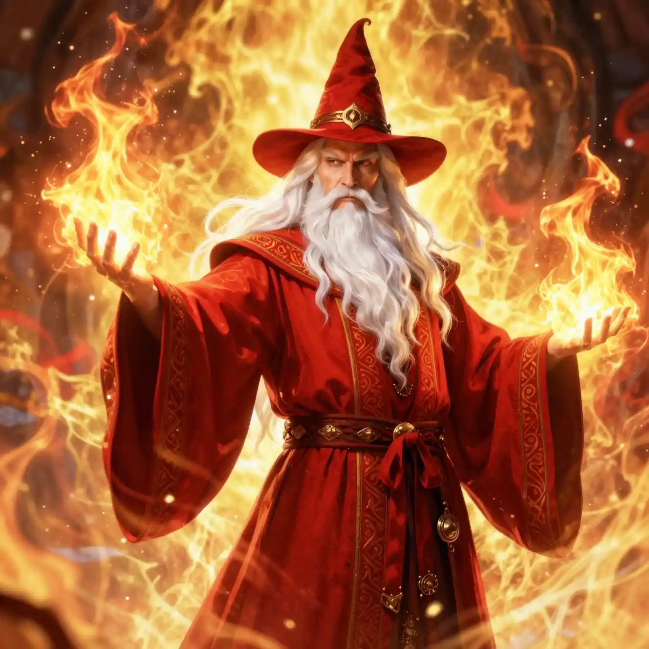 Puissant sorcier maniant le feu dans une aura magique flamboyante