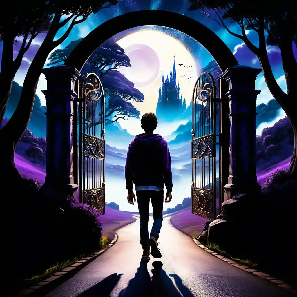 Young man walking toward glowing circular time gate