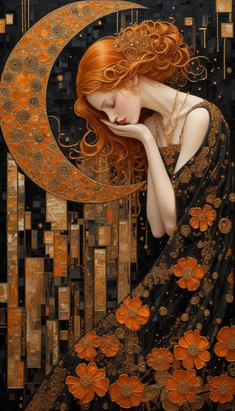 Melancholic red haired woman before a glowing golden moon
