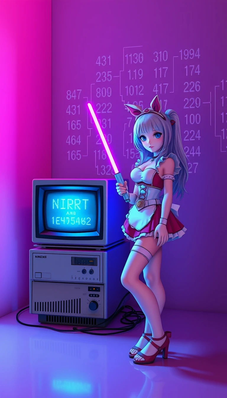 Chica maid de anime junto a computadora vintage con pantalla brillante