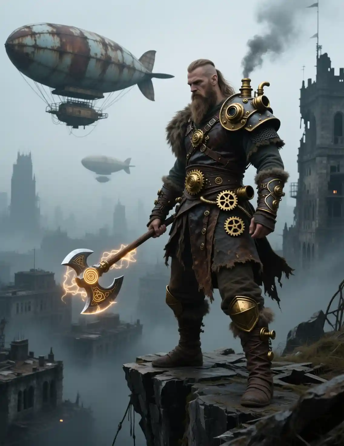 Lone steampunk viking warrior above ruined smoky city