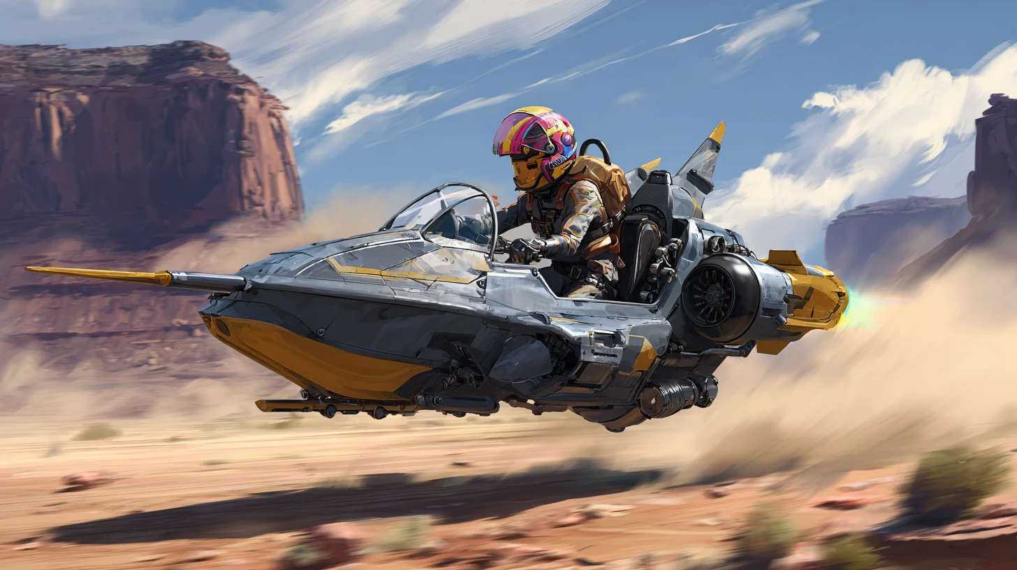 Futuristischer Hyperspeeder rast knapp über staubige Wüste