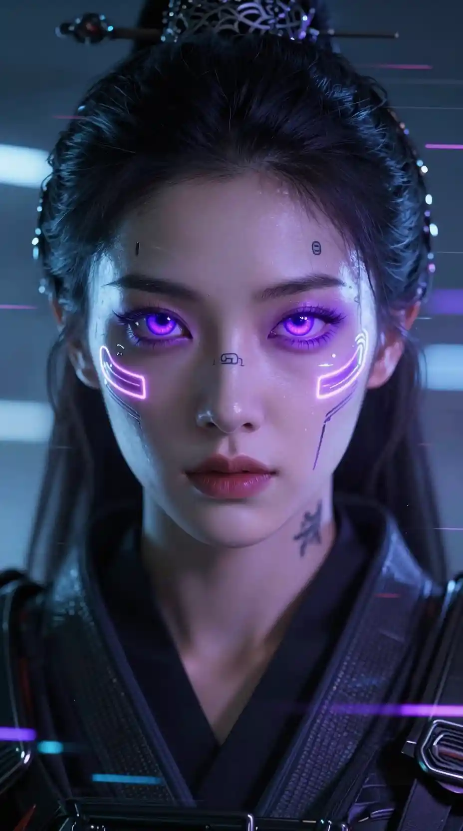 Visage de femme samouraï cybernétique émergeant d’un écran numérique lumineux