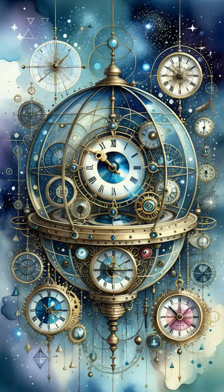 Surreal steampunk clock tower with cosmic eyes in night sky