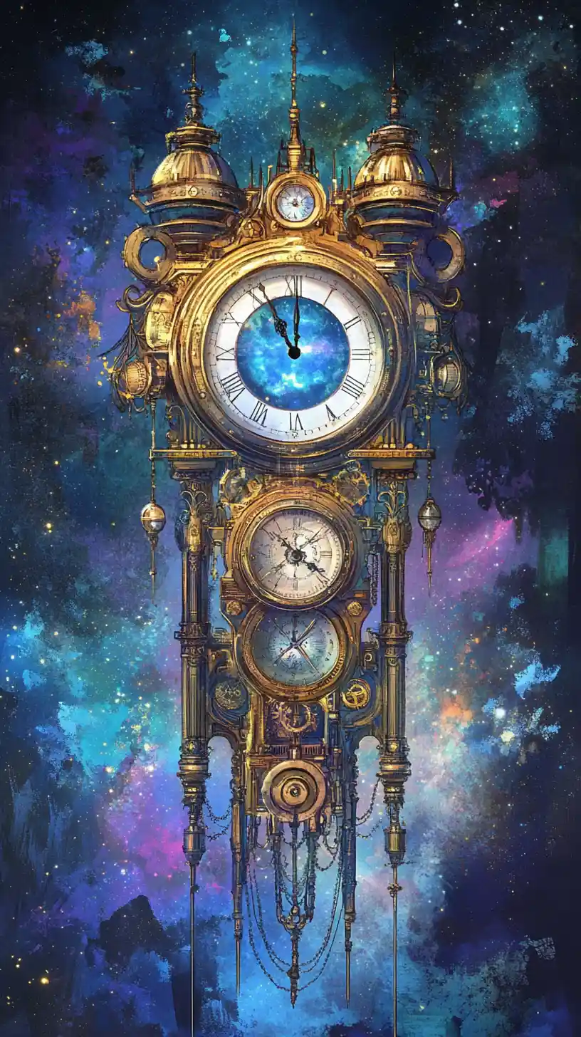 Surreal steampunk clock tower with eyes in cosmic night sky