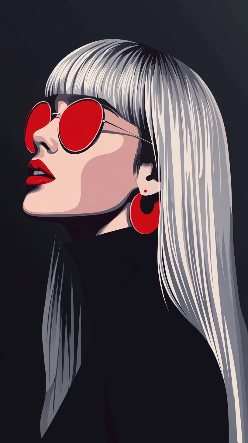 Silver haired woman in red sunglasses minimalist pop portrait