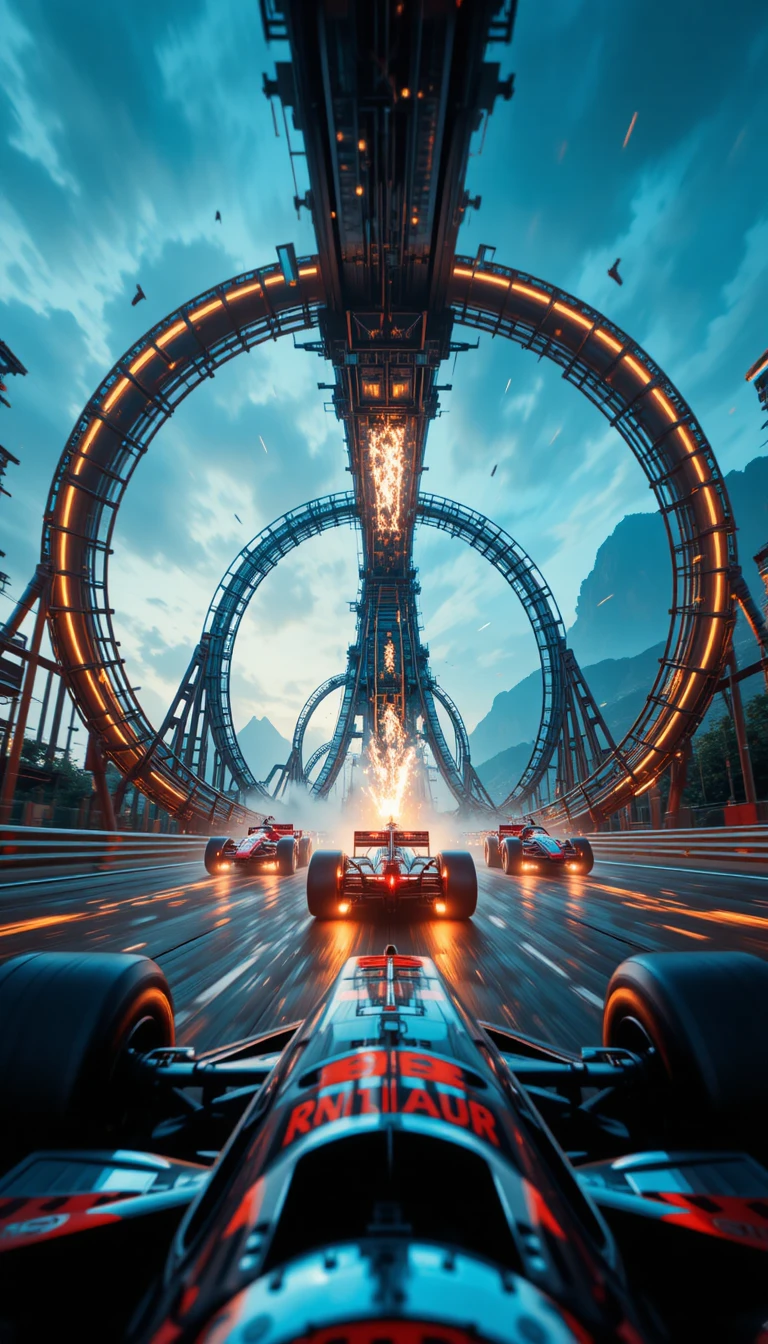 Sci fi race cars looping on a towering rollercoaster track