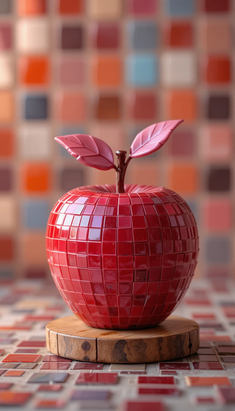 Sculpture de pomme rouge en mosaïque sur fond carrelé flou
