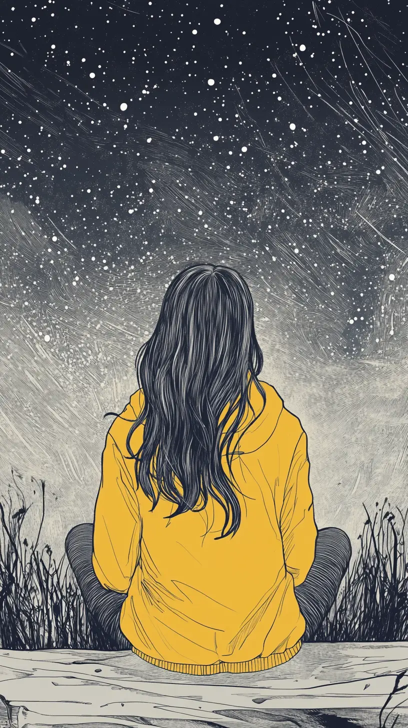 浩瀚星空下坐在牆上的年輕女子