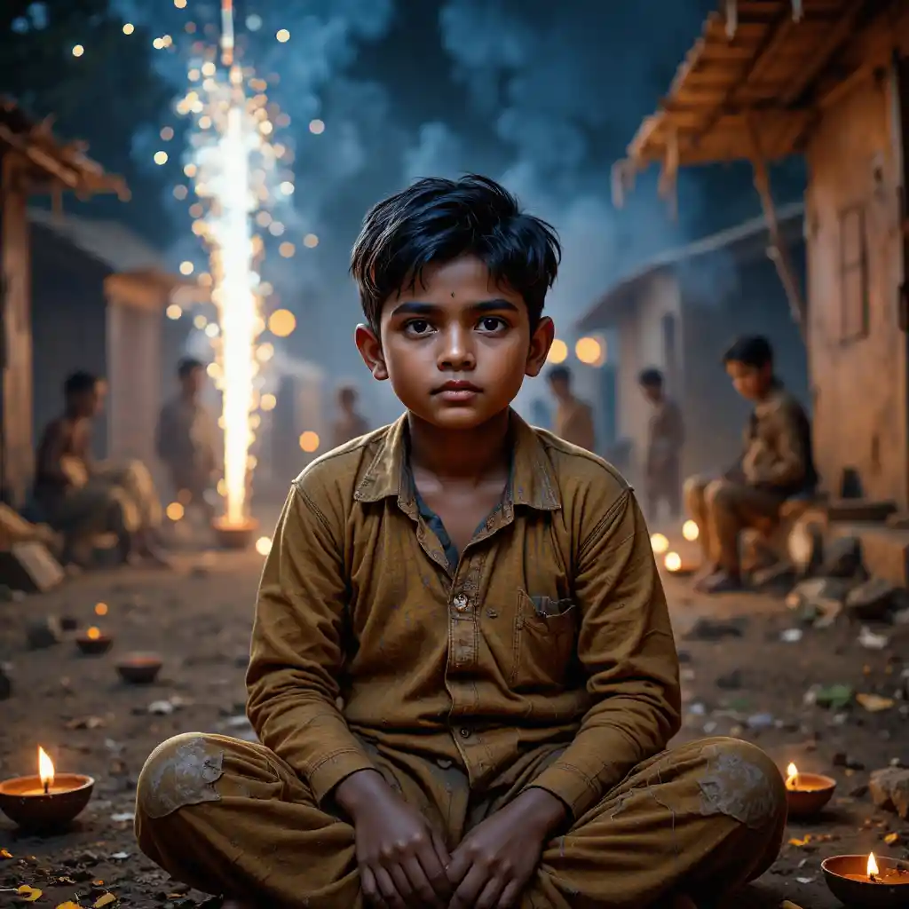 Sad village boy sitting alone on Diwali night
