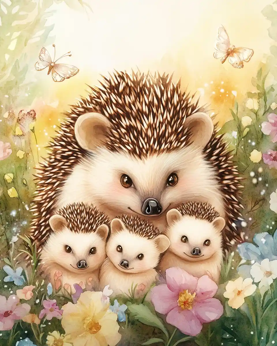 Maman hérisson câlinant ses bébés dans un pré aquarelle