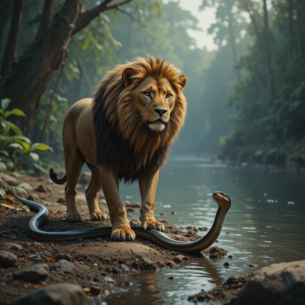 Thirsty lion walking toward a quiet jungle riverbank