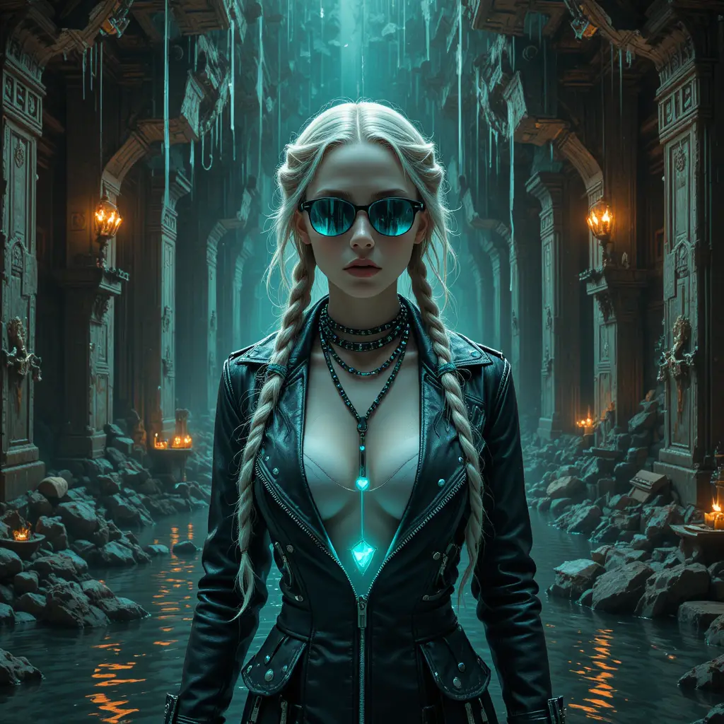 Cyberpunk-Piratenheldin in überflutetem unterirdischem Schatzgewölbe