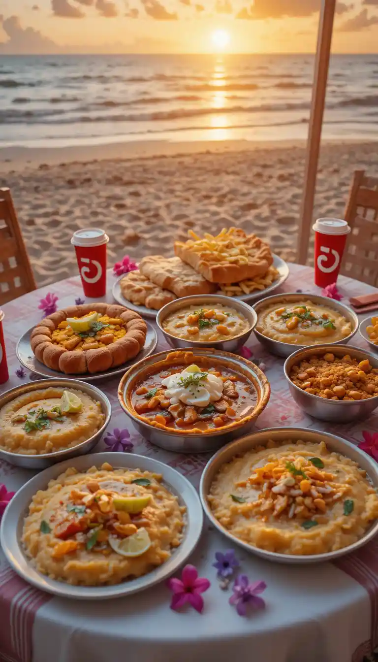 Lever de soleil tropical sur une plage de sable aux fleurs lumineuses