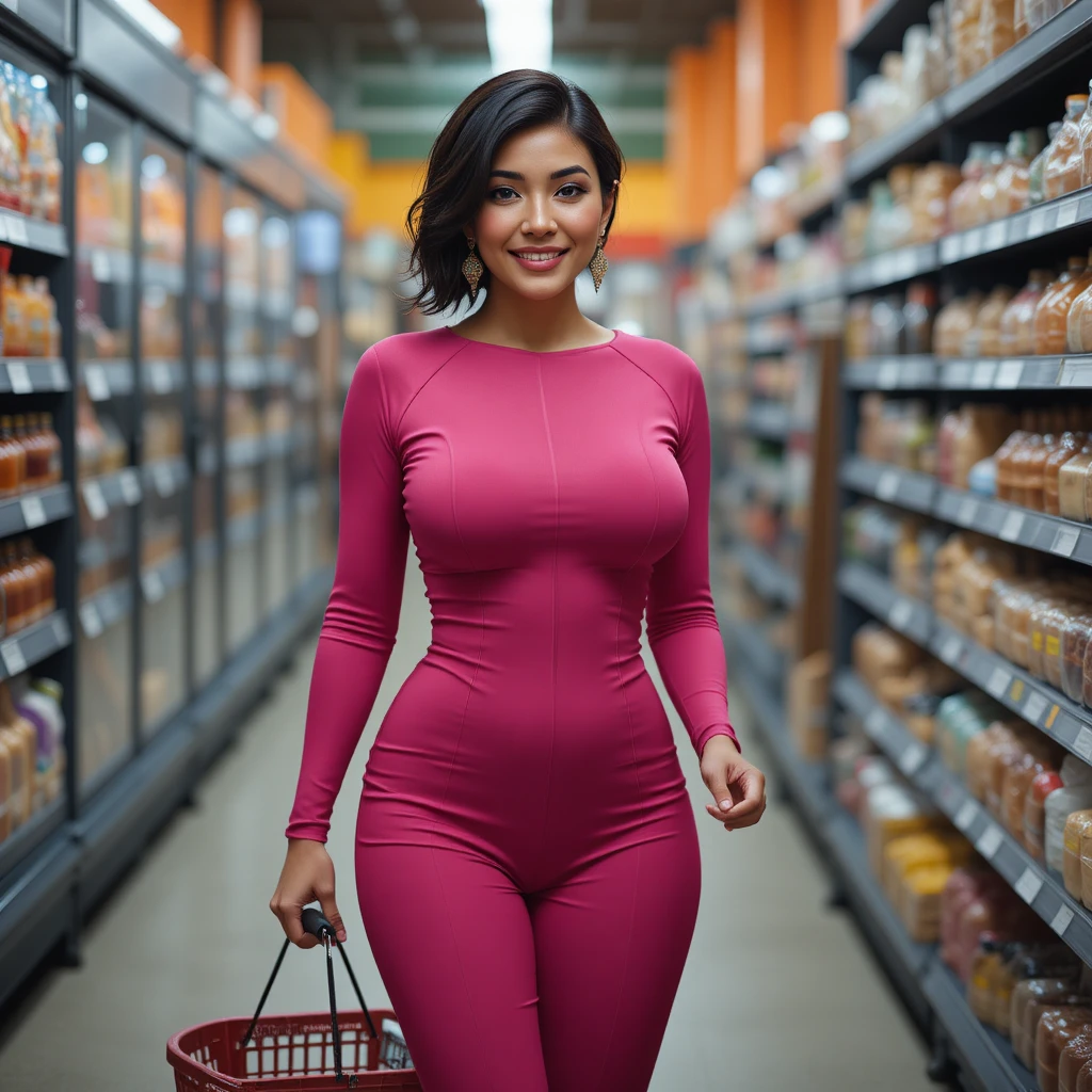 Confident Mexican woman in pink jumpsuit at grocery store