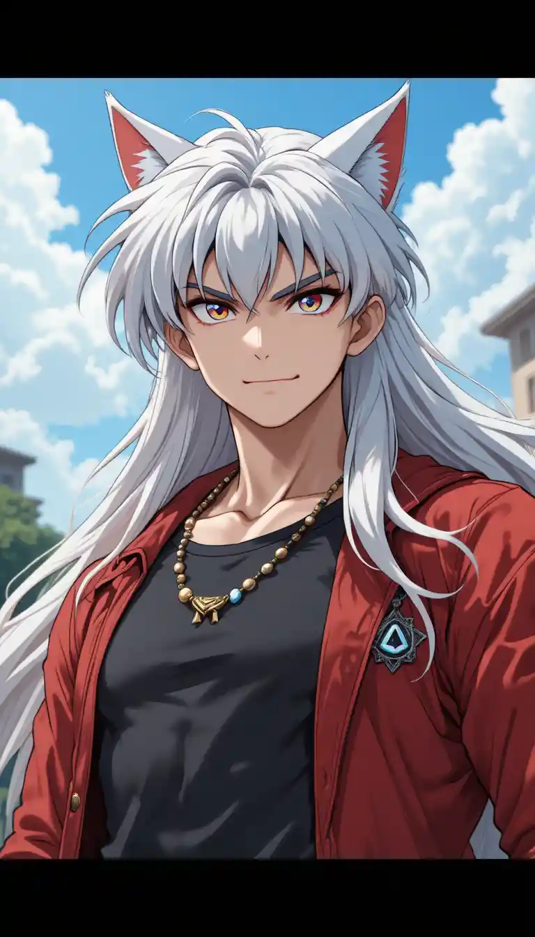 Homem de anime confiante com cabelo bicolor e orelhas de gato