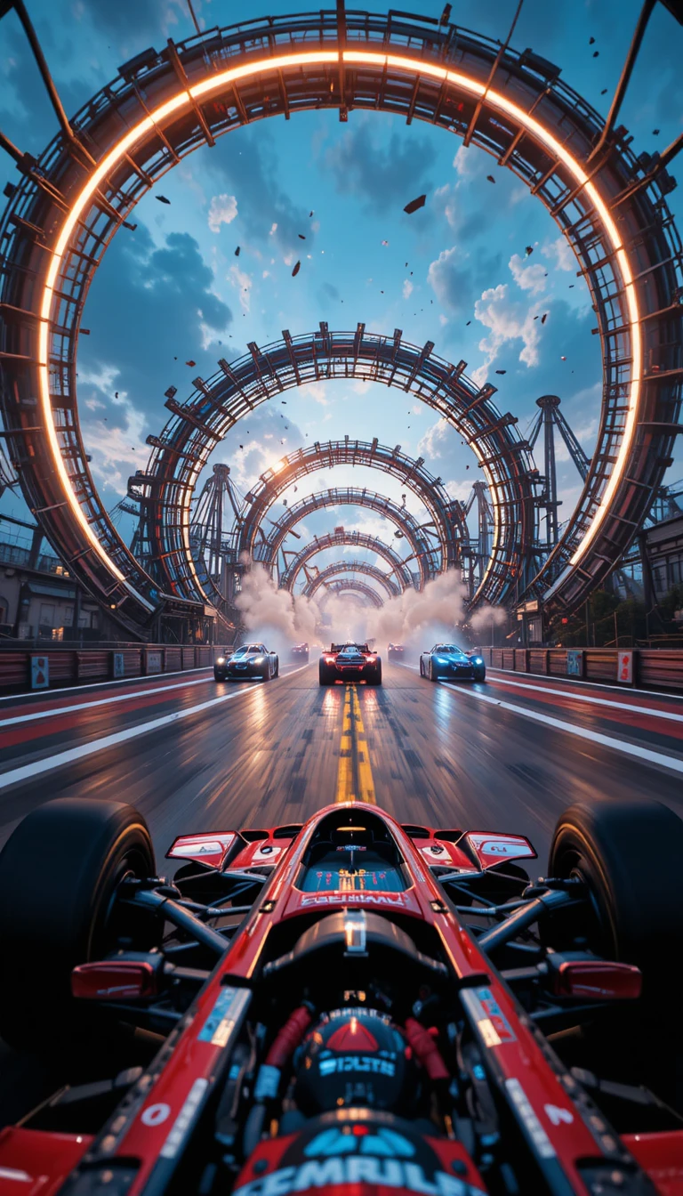Carros de corrida futuristas em loop em uma pista sci‑fi gigante