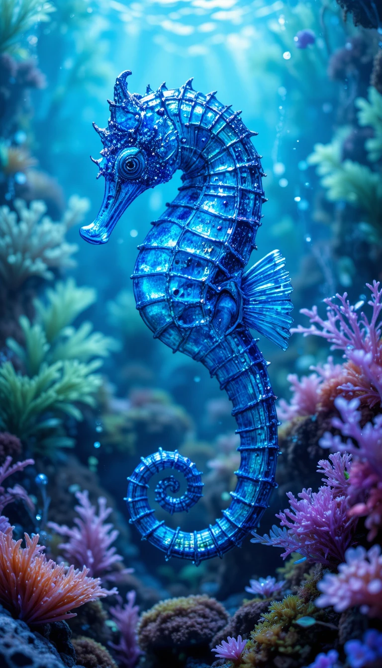 Hippocampe bleu cobalt parmi des coraux et plantes luminescents