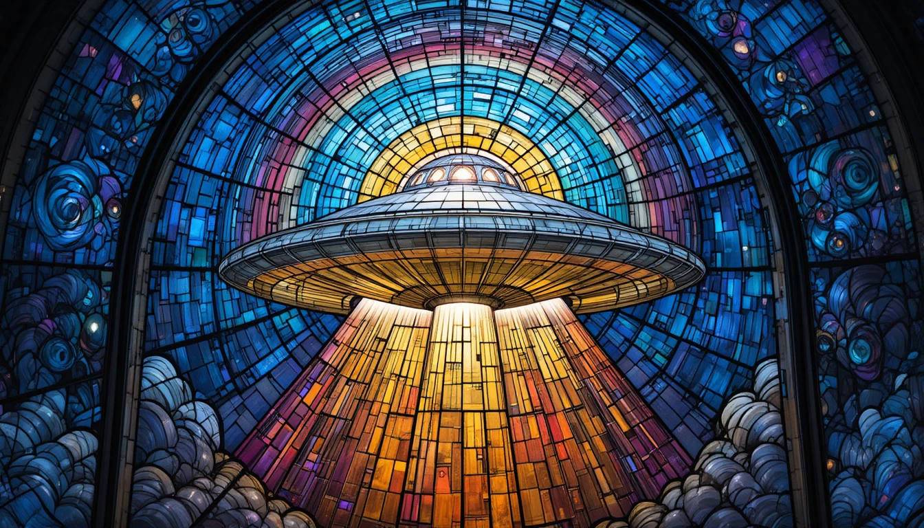 Surreal Stained Glass Ufo Above A Cosmic Night Sky
