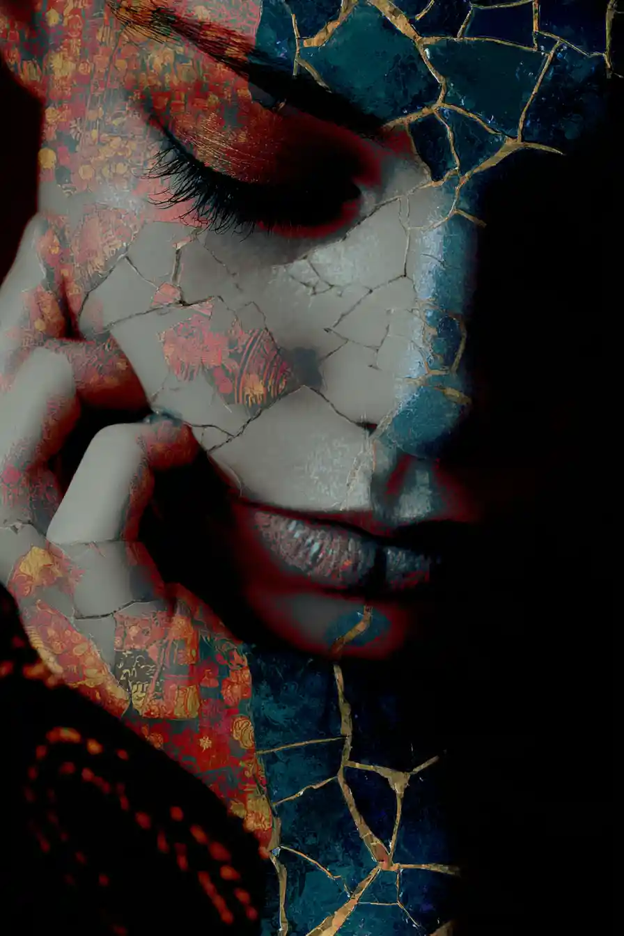 Dipinto surreale silenzioso di forme astratte ispirate al kintsugi