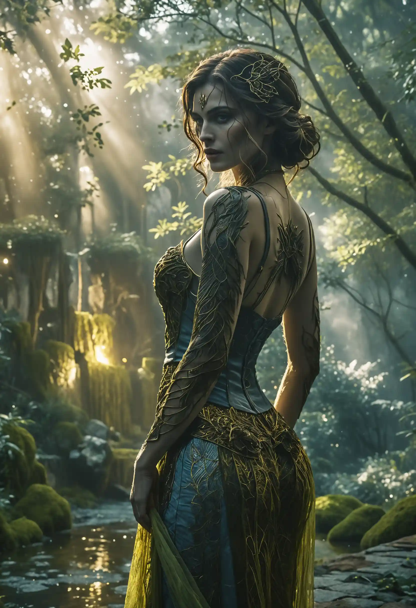 Gothic fantasy woman in moonlit cinematic full body scene