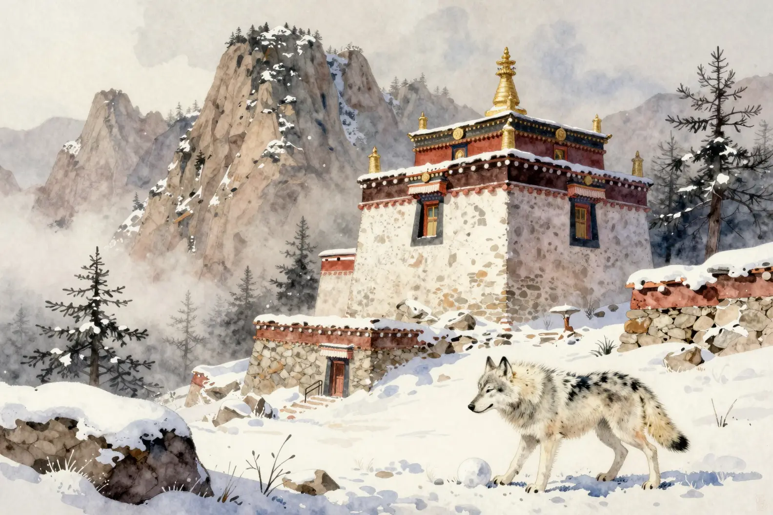 寧靜雪山寺廟聖域的水彩畫