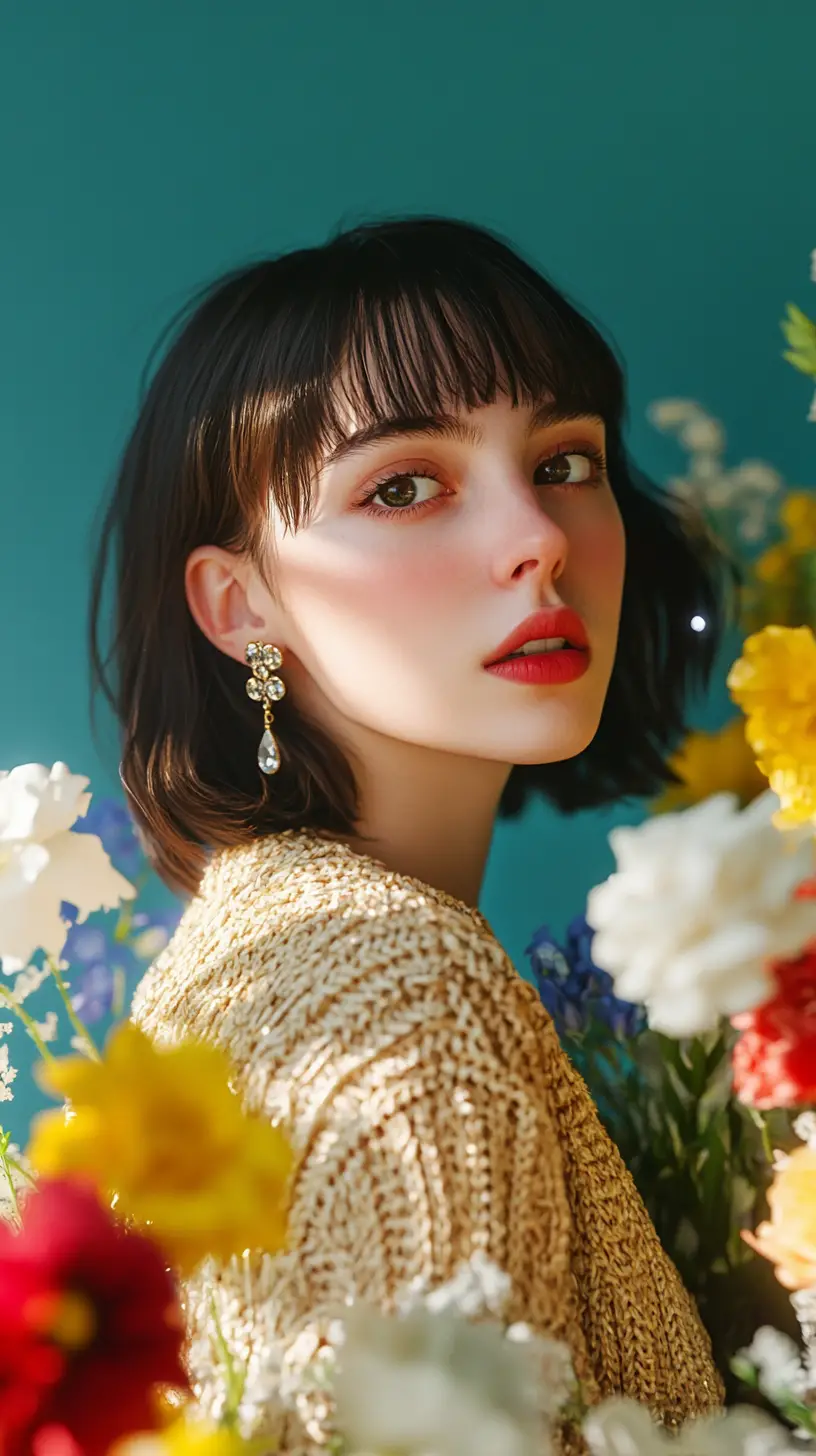Donna in stile anime con maglione dorato tra fiori colorati