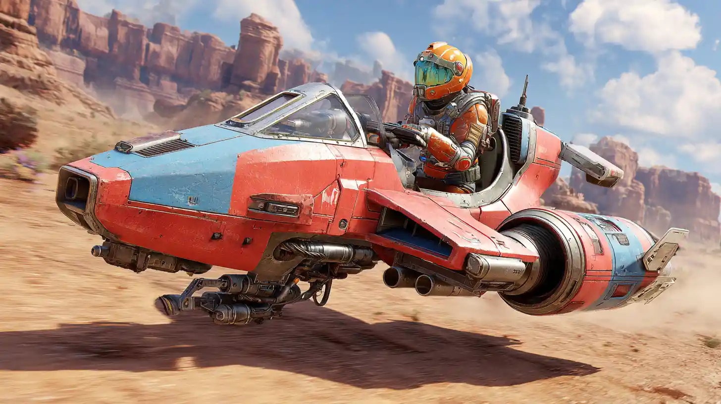Futuristischer karmesinroter Hyperspeeder rast durch die Wüste