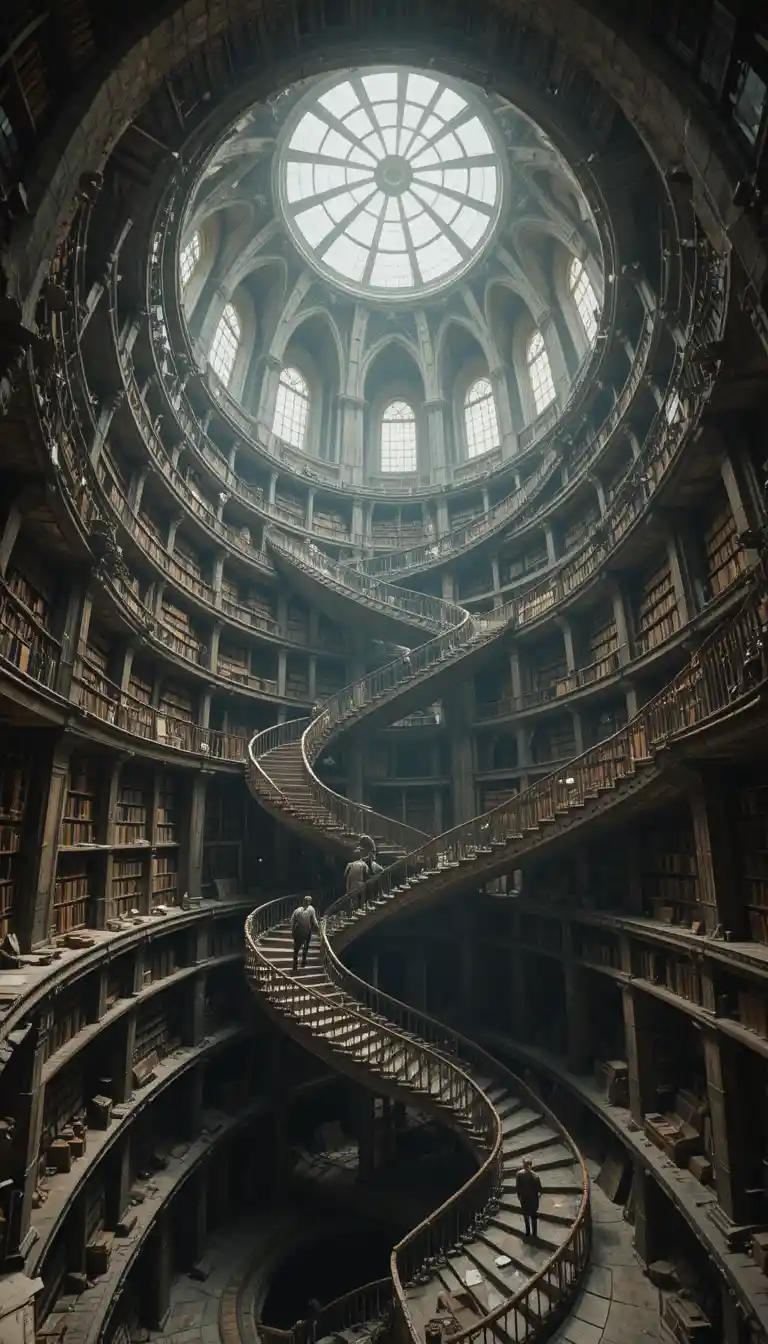 Grande biblioteca surreal com escadarias em espiral infinitas