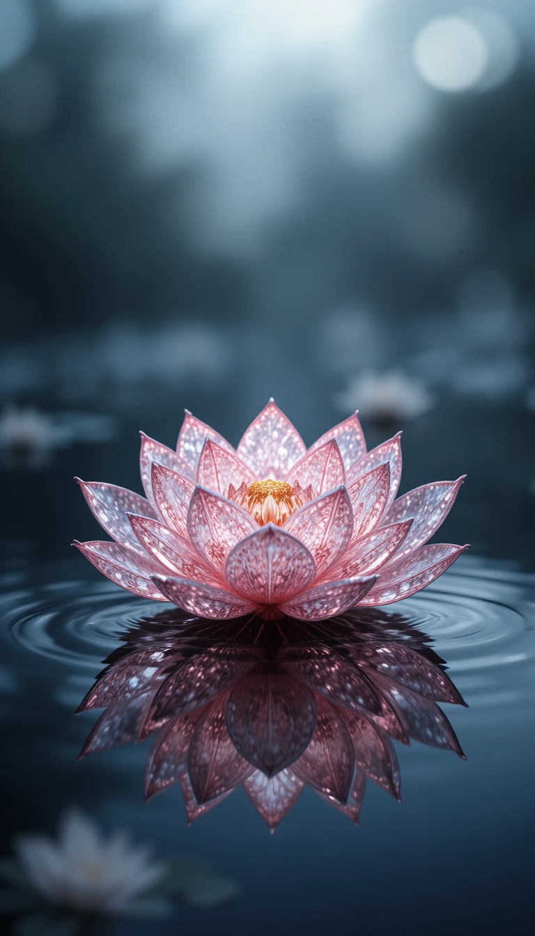 Lótus de diamante rosa flutuando em água escura e reflexiva