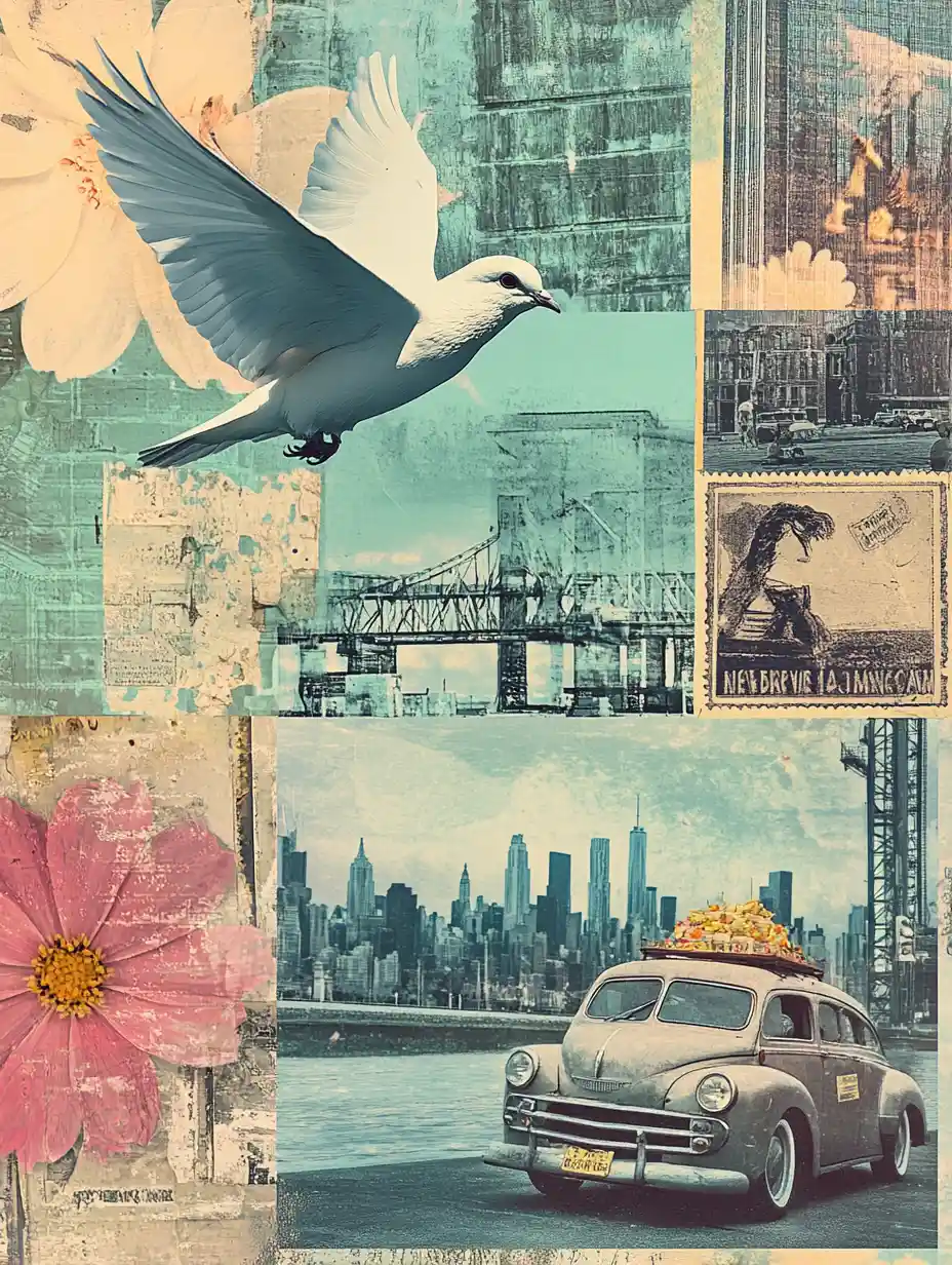 Collage au pochoir d’objets urbains dans des tons vert pastel