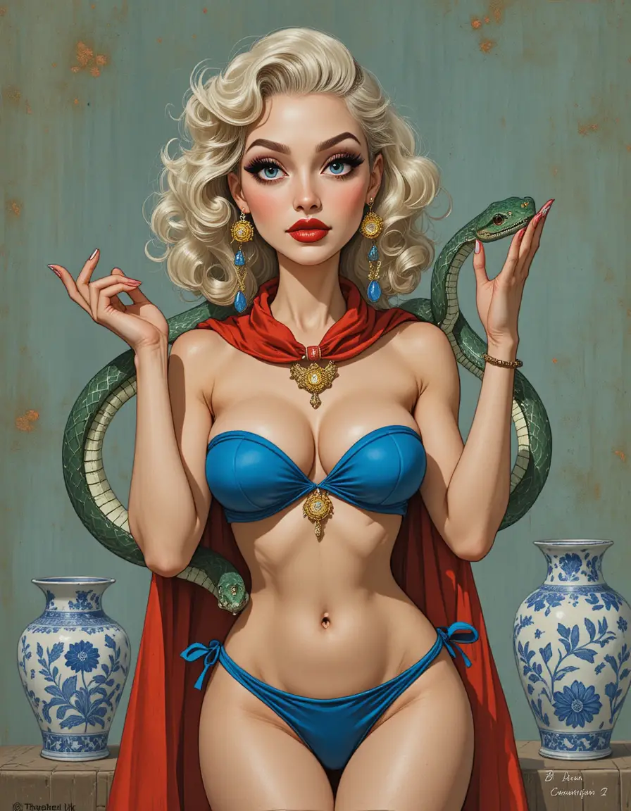 Dibujo vintage de mujer con serpientes y jarrón ornamentado