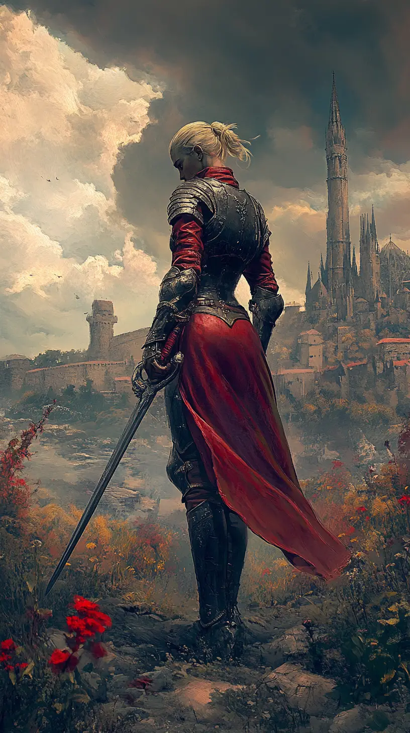 Guerrière en armure rouge dans un paysage médiéval dramatique