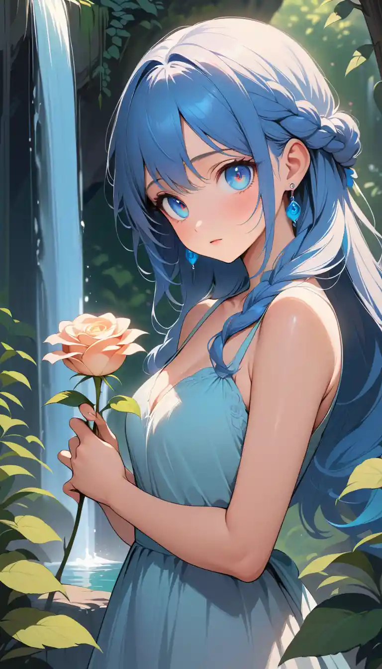 Blue haired anime girl with rose by a waterfall