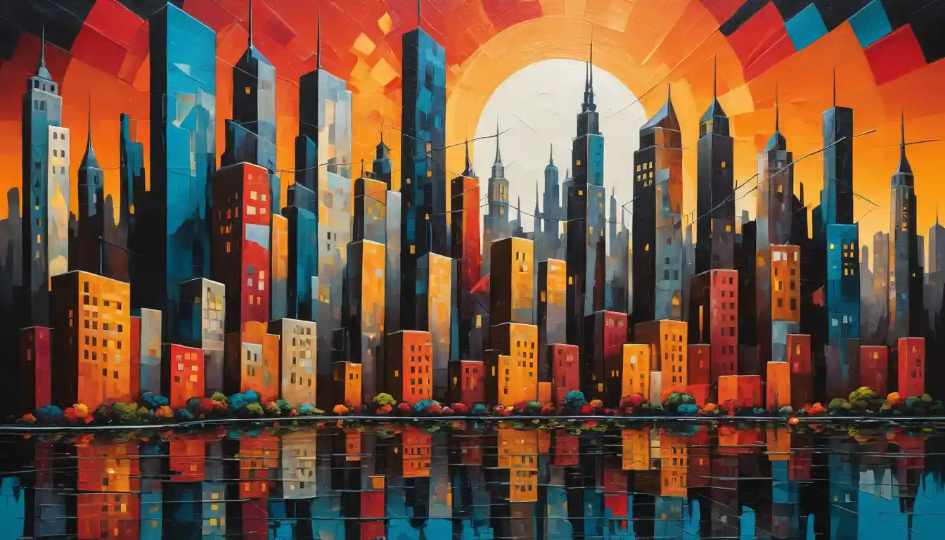 Abstract cityscape painting with surreal dusk atmosphere