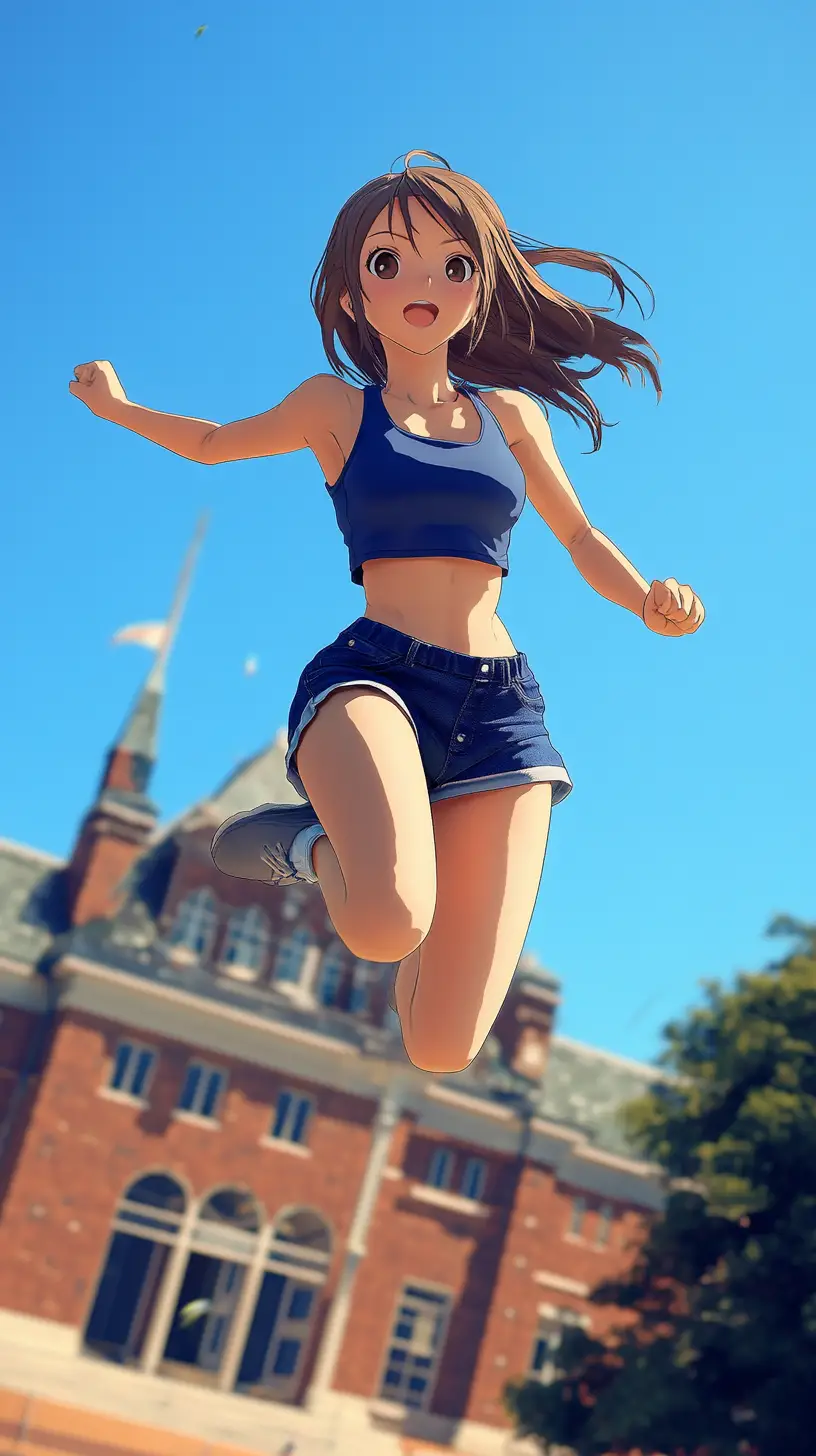 Sportliches Anime-Mädchen springt hoch auf sonnigem Schulhof