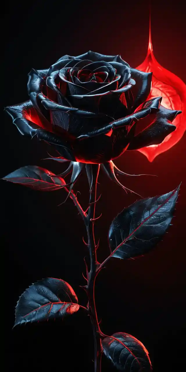 Rosa preta brilhante com luz vermelha em fundo escuro