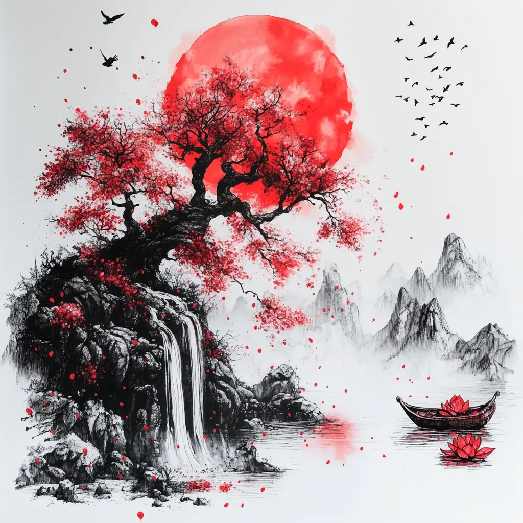 Peinture à l’encre de cerisiers en fleurs sur montagne brumeuse